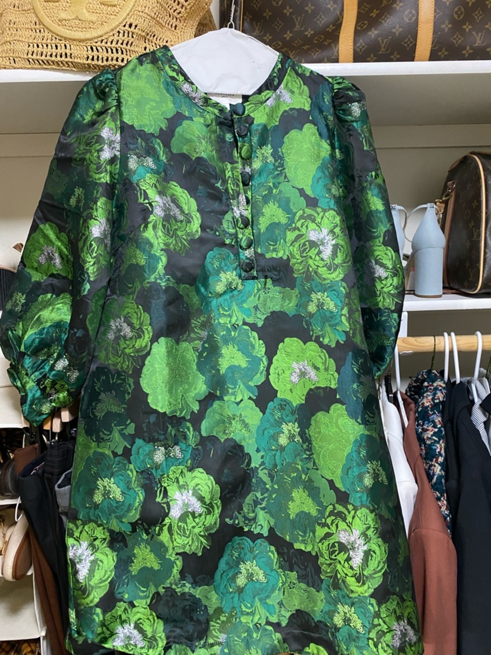 Pomander Place Green Floral Jacquard Puff-Sleeve Mini Dress - Picture 2 of 3